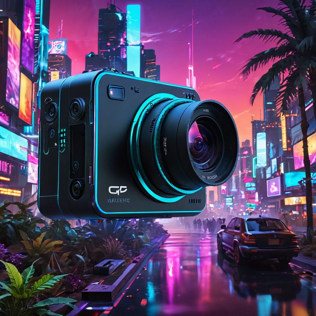 A futuristic smart camera showcasing innovative imaging technologies, capturing a vibrant landscape filled with dynamic multimedia elements like colorful holograms and interactive screens. The scene highlights the camera's advanced features through digital overlays, with a blend of nature and technology. Emphasize a bright, engaging atmosphere that invites exploration. 3D. vibrant colors. cyberpunk.