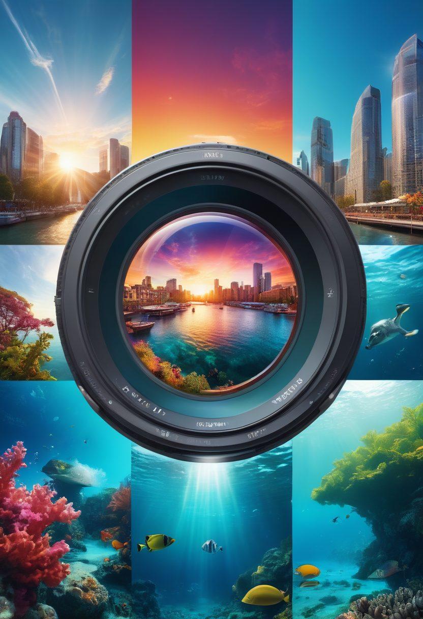 A collage showcasing a high-tech camera positioned in the center, surrounded by vivid scenes of high-definition video capture like a nature landscape, a bustling cityscape, and a vibrant underwater scene. Include innovative imaging technology elements like lens flares and overlays of camera specifications. The colors should be bright and eye-catching, emphasizing clarity and innovation. digital illustration. vibrant colors. 3D.