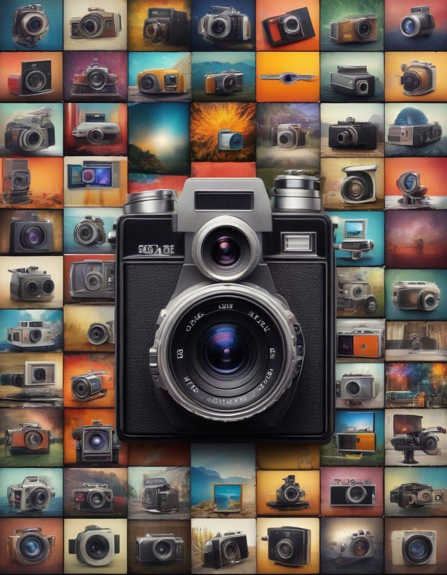 A visually striking collage showcasing the evolution of high-definition capture, featuring iconic streaming video icons transitioning into stunning virtual photography images. Include elements like a vintage camera morphing into a futuristic digital camera and vibrant screens displaying high-definition videos. Surround the composition with colorful pixelated bursts and tech-inspired backgrounds to emphasize the transformation of media. super-realistic. vibrant colors. 3D.